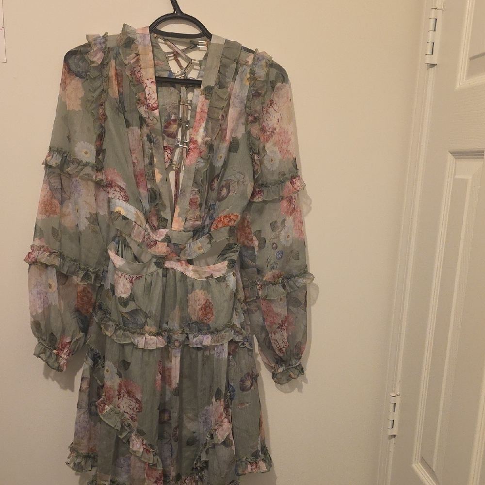 L'ATISTE Sage Green Floral Ruffle Long-Sleeve Dress
